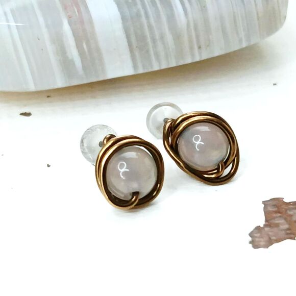 6mm Agate Crystal Studs, Wire Wrapped Gemstone Earrings, Grey Agate - Picture 1 of 4